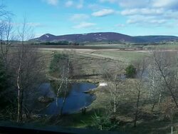 Lowland river, mountains in background, UK Stock Footage