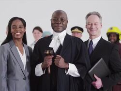 Judge and attorneys standing in front of diverse crowd Stock Footage