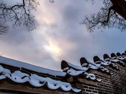 CU T/L Shot of snow covered stone wall in Changgyeonggung Royal Palace / Seoul, South Korea Stock Footage