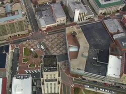 WS AERIAL View of Durham cigarette companies / North Carolina, United States Stock Footage