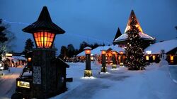 Santa Clause village illuminated Arctic Circle Rovaniemi Finland Stock Footage
