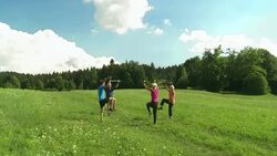 HD CRANE: Warming Up Exercises For Nordic Walking Stock Footage