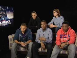 INTERVIEW: John, Leeon, Simon, Franz and Alex on the social comment to youths in the media in the film at the Attack the Block Interviews at London England. (Footage by WireImage Video/GettyImages) Stock Footage