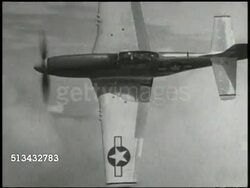 1945: AERIAL DOGFIGHT: VS North American P-51 Mustang fighter aircrafts flying w/ B-29 Superfortress bomber airplanes over Japan islands. VS Mustangs engaging in dogfight over air, shooting down Japanese airplanes. WWII, air warfare, air combat Instructional Video