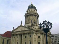 MS LA Shot of Gendarmenmarkt, Deutscher Dom / Berlin, Germany Stock Footage