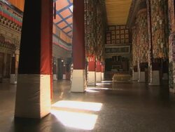 MS PAN Shot of some pillars inside hall of Potal Palace / Lhasa, Tibet, China Stock Footage