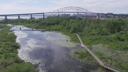 Whitefish Island and bridge to Canada in Sault Ste Marie, Ontario Stock Footage