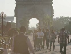 WS TU Patuxai Gate and crowd of people / Vientiane, Laos Stock Footage