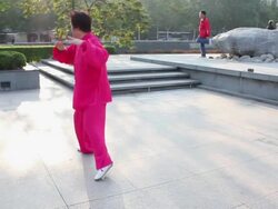 PAN WS Woman performing Tai Chi  in Park/xian,shaanxi,China Stock Footage