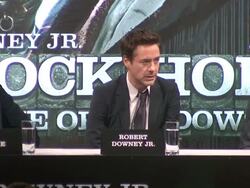 INTERVIEW Robert Downey Jr on what he likes most about Sherlock Holmes at the Sherlock Holmes Game of Shadows press conference at One Mayfair on 12th December 2011 in London, UK Stock Footage