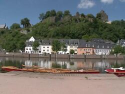 WS View of old town and castle ruin near river Saar / Saarburg, Saar-Valley, Rhineland-Palatinate, Germany Stock Footage