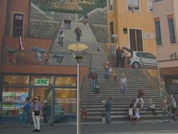 Man and girls standing in front of the Mural Le Murs De Canuts,taking pictures, Stock Footage