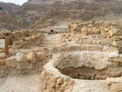 WS TD View of ruins of Qumran near Dead sea / Qumran,  Judea Desert,  Isarel Stock Footage
