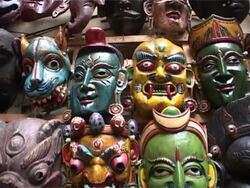 Nepal, Handcrafted Masks, Kathmandu Market Stall Stock Footage