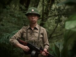MS Shot of Vietnamese NVA soldier with an AK47 is observing jungle / Jungle, Hue, Vietnam Stock Footage