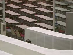 MS Shot of empty chairs and tables inside Tokyo stock exchange / Tokyo, Japan Stock Footage