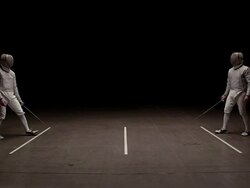 Fencer knocks over opponent with his epee Stock Footage