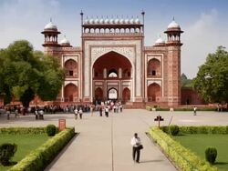 Entrance gateway to the Taj Mahal, UNESCO World Heritage Site, Agra, Uttar Pradesh state, India, Asia Stock Footage