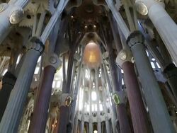 La Familia Sagrada cathedral, Gaudi - interior view of the columns and ceiling, Barcelona, Spain. Stock Footage