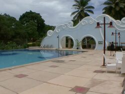 MS Shot of lounge area beside pool of luxury hotel / Sihanoukville, Cambodia Stock Footage