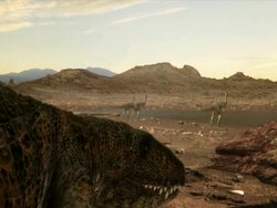 Medium Long Shot static - Two-legged creatures forage in water near a four-legged creature in a computer-generated animation. / New York City, New York, USA Stock Footage