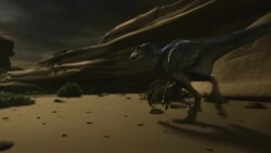 A small dinosaur creeps across a sandy plain, then feeds on the carcass of another dinosaur in a computer generated animation. Stock Footage