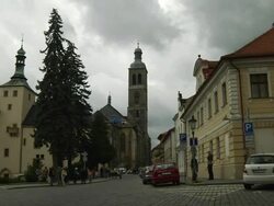 Pan left shot Italian court Kutna hora Czech Republic Stock Footage