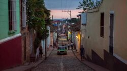 Trinidad City Street with Colonial Houses at Dusk , Cuba Stock Footage