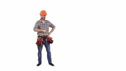 Handyman pointing on copy space Stock Footage