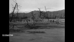 1945: HIROSHIMA: VS Atomic nuclear bomb destruction on city few standing structures. US Soldiers pointing out monument stone etched by heat of blast silhouette of person burned INTO pavement by waterfront railing. Instructional Video