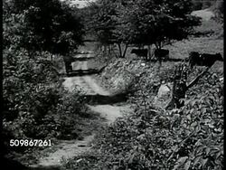 1947: U.S. ALCOHOL FARM: DRAMATIZATION: MS Truck & barn through foliage. VS Undercover Treasury agent w/ briefcase walking on path. MS Lookout man whittling. CU Lookout pressing button. VS Lookout greeting agent, agent showing card. Instructional Video