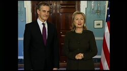 4:3 Sec of State Clinton meets Norwegian Foreign Minister News Clip