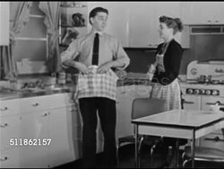 1948: CLAUDIA RADIO SHOW: DRAMATIZATION: Kathyrn Bard & Paul Crabtree ON SET in kitchen, SOT discussing who will wash & dry, 'David' (Paul Crabtree) discovering letter from bank on window sill. 'What's this...' Instructional Video