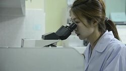 medical technician working in the laboratory hospital with looking through microscope Stock Footage