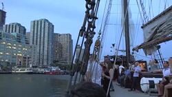 Toronto Tourist Attractions: Leaving the Harbour Front in a Sail Boat Cruise Stock Footage