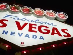  CU PAN Shot of welcome to fabulous Las Vegas sign at night / Las Vegas, Nevada, United States Stock Footage