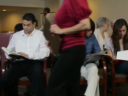 WS PAN People sitting at hospital waiting room / Albany, New York, United States  Stock Footage
