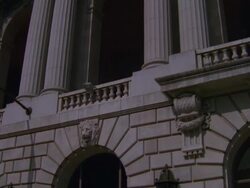MS TD View of  older ornate stone San Francisco Museum of Art banners outside / San Francisco, California, USA Stock Footage