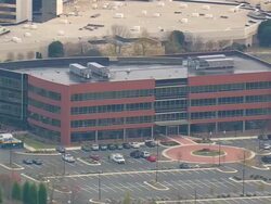 MS AERIAL Shot of Triangle Research Centre with parking area / North Carolina, United States Stock Footage