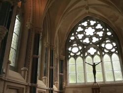 MH LA PAN Interior of Chapel with Statue of Jesus Christ / Ireland Stock Footage