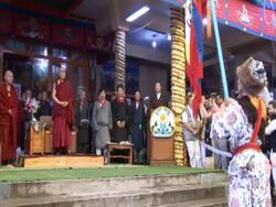 WS Leader of  marching band addressing to Dalai Lama at his 70th birthday AUDIO / Dharmasala, Himachal Pradesh, India Stock Footage