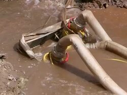 CU Shot of bridge construction site, preparing demolition of old bridge at Saar rive / Wiltingen, Rhineland Palatinate, Germany Stock Footage
