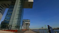 Crane Houses at Rheinau Harbour, Cologne, North Rhine-Westphalia, Germany Stock Footage