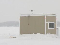 MS View of ice fishing house during winter / Minneapolis, Minnesota, USA Stock Footage