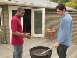 MS Two couples preparing porch barbecue / Portland, Oregon, United States Stock Footage