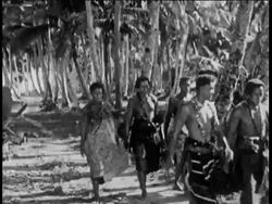 1920s B/W MONTAGE Samoan wedding  guests in a variety of costumes arrive on foot and by boat to wedding ceremony in Samoa, South Seas
 Stock Footage
