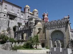 Sintra, Pena National Palace, view of the decorated gates and walls of the Palace Stock Footage