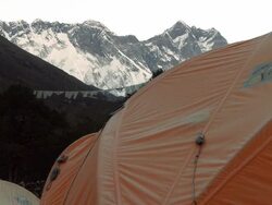 Orange tent with Everest and Lhotse in the background. Stock Footage