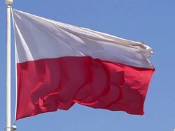 CU SLO MO Polish flag waving in wind / Caen, Normandy, France Stock Footage