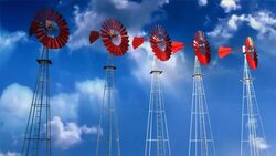 Five windmills spin and oscillate against a cloudy sky and as white on black silhouettes. Stock Footage